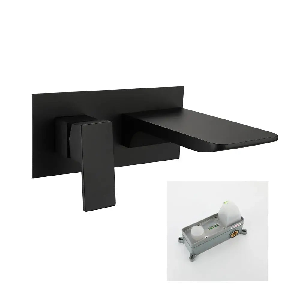 Modern matte black basin faucet with solid brass construction and brushed gold accents for bathroom use