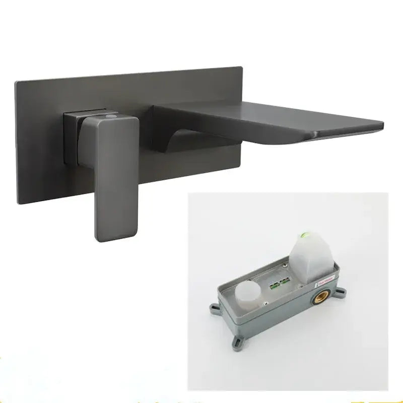 Modern matte black wall-mounted basin faucet with sleek minimalist design and brushed gold solid brass accents