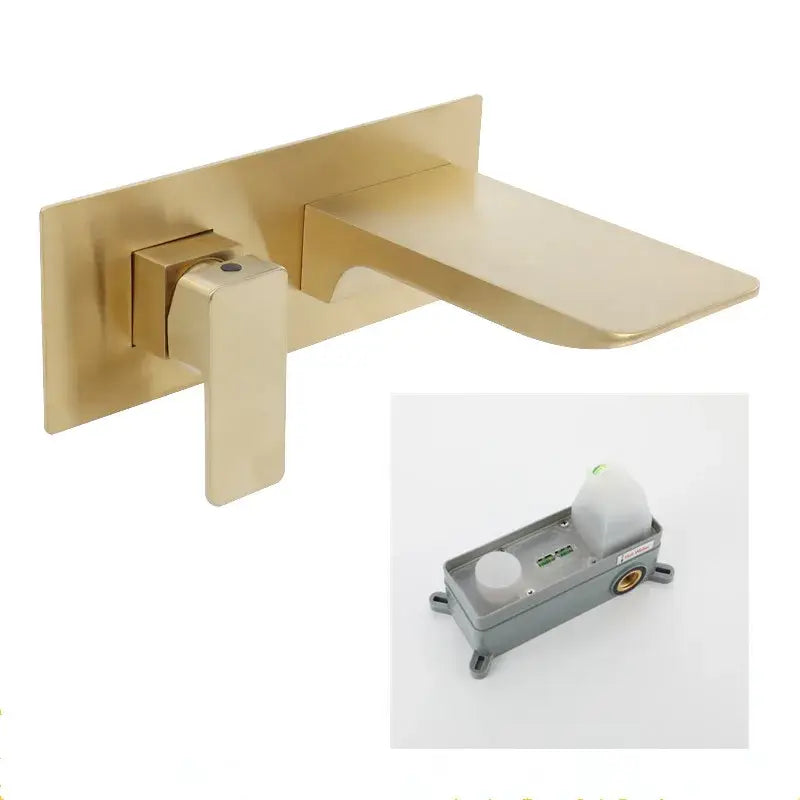 Modern brushed gold basin faucet with solid brass construction and sleek rectangular wall-mounted spout and handle