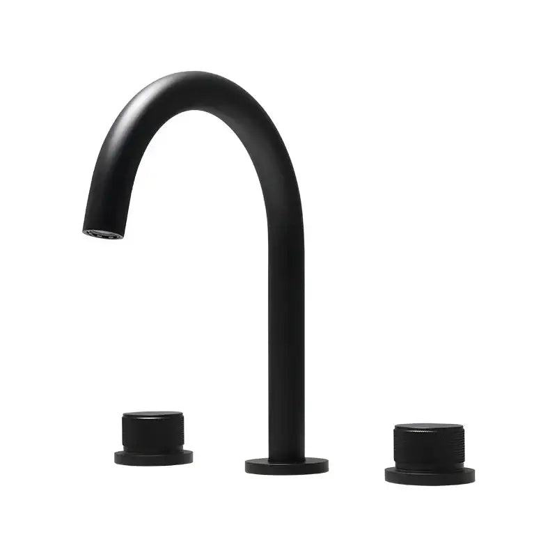 Modern matte black basin faucet with curved spout and brushed gold basin handles for bathroom sink use