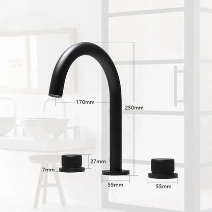 Modern matte black basin faucet with curved spout and cylindrical base complements brushed gold basin faucets