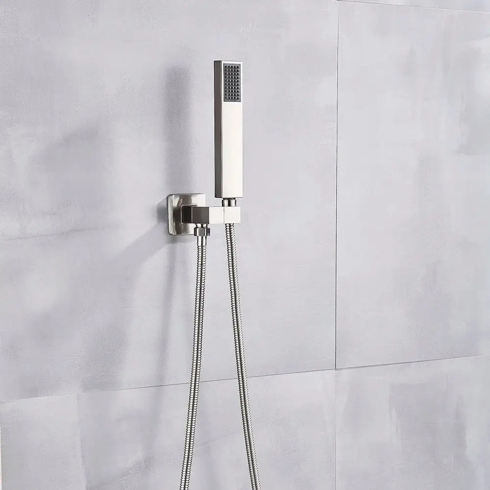 Modern matte black and brushed nickel handshower head with brushed stainless steel rectangular design and 150cm stainless hose decorbites black abs