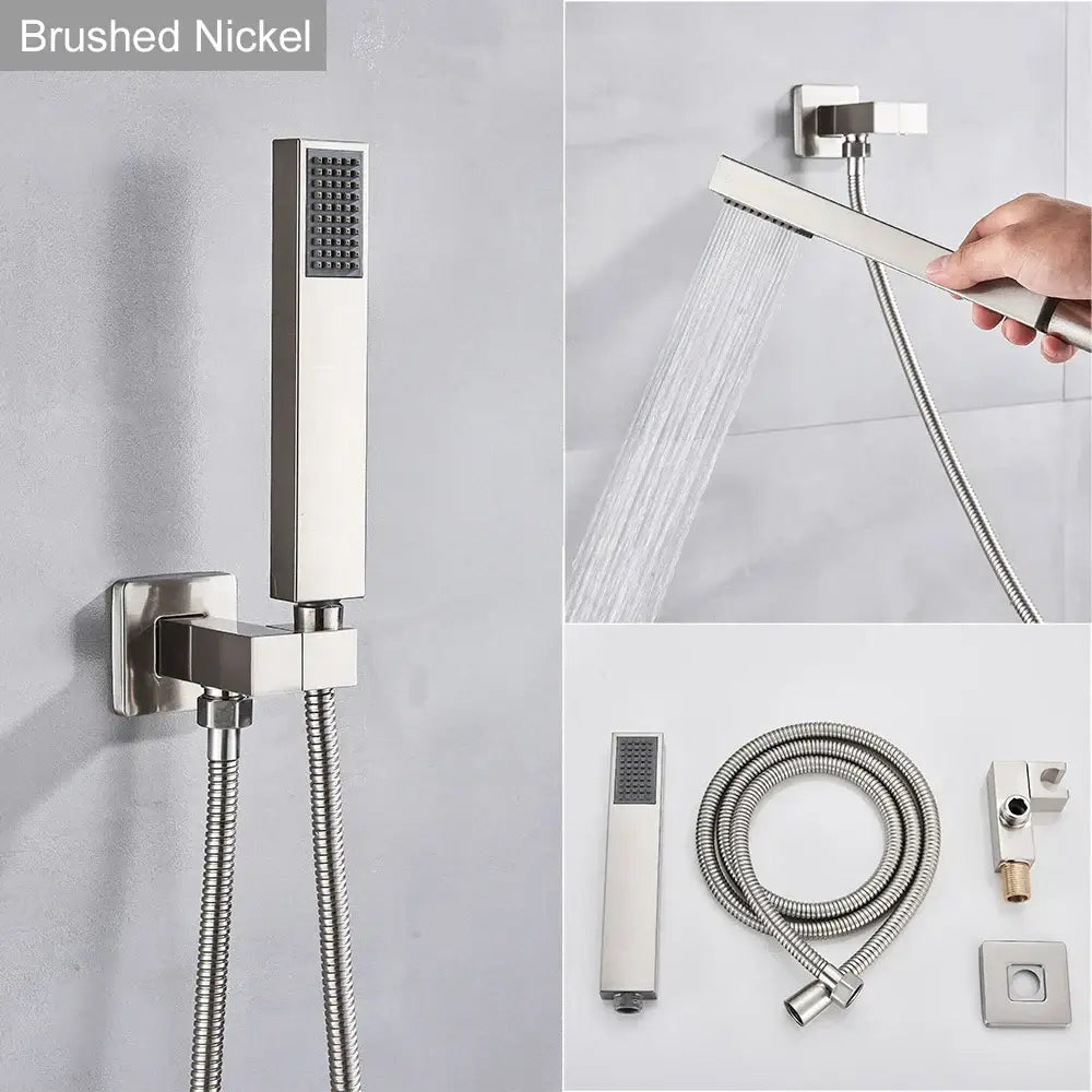 Modern matte black and brushed nickel handshower head with 150cm stainless hose and rectangular wall-mounted fixture
