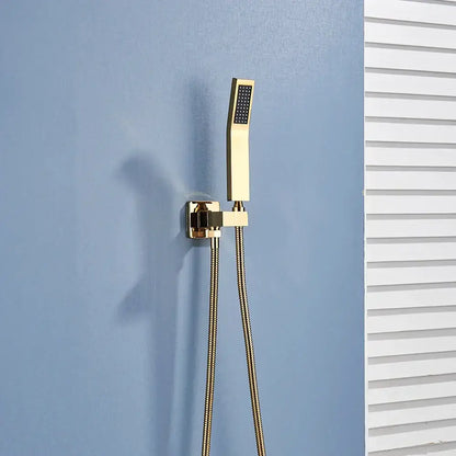Gold-finished modern handshower head with textured spray face and matching wall bracket in decorbites black abs design
