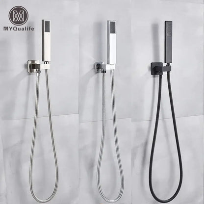 Modern matte black and brushed nickel handshower head with 150cm stainless hose and decorbites black abs finish