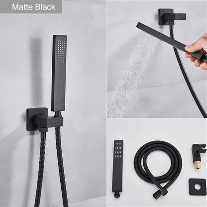 Matte black modern handshower head with sleek rectangular fixtures and 150cm stainless hose by decorbites black abs