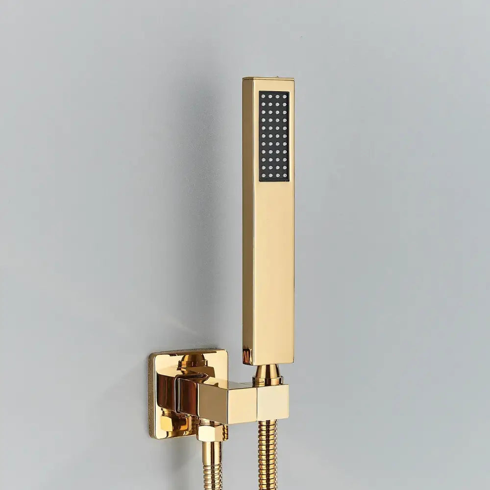 Gold-colored rectangular handshower head with black perforated spray face and 150cm stainless hose by Decorbites black ABS