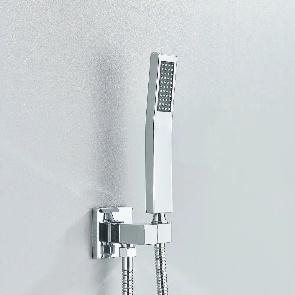 Modern chrome-finished rectangular showerhead with perforated spray face paired with decorbites black abs handshower head and 150cm stainless hose