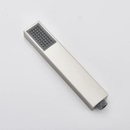 Modern rectangular handshower head with brushed stainless steel finish and dark gray grid spray face with 150cm stainless hose decorbites black abs