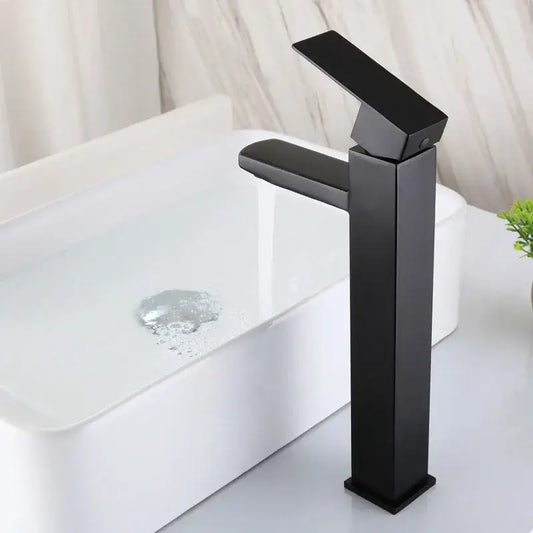 Modern matte black brushed tall basin sink faucet with angular design and square spout for bathroom decorbites brushed tall