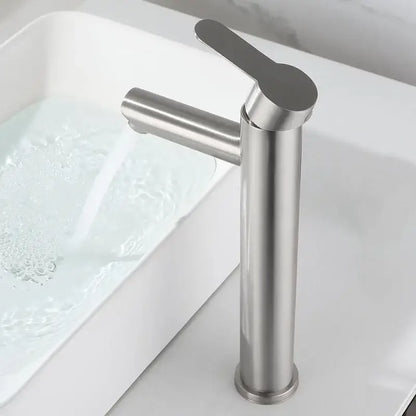 Modern brushed stainless steel single-handle decorbites brushed tall basin faucet with sleek cylindrical design for tall basin sink