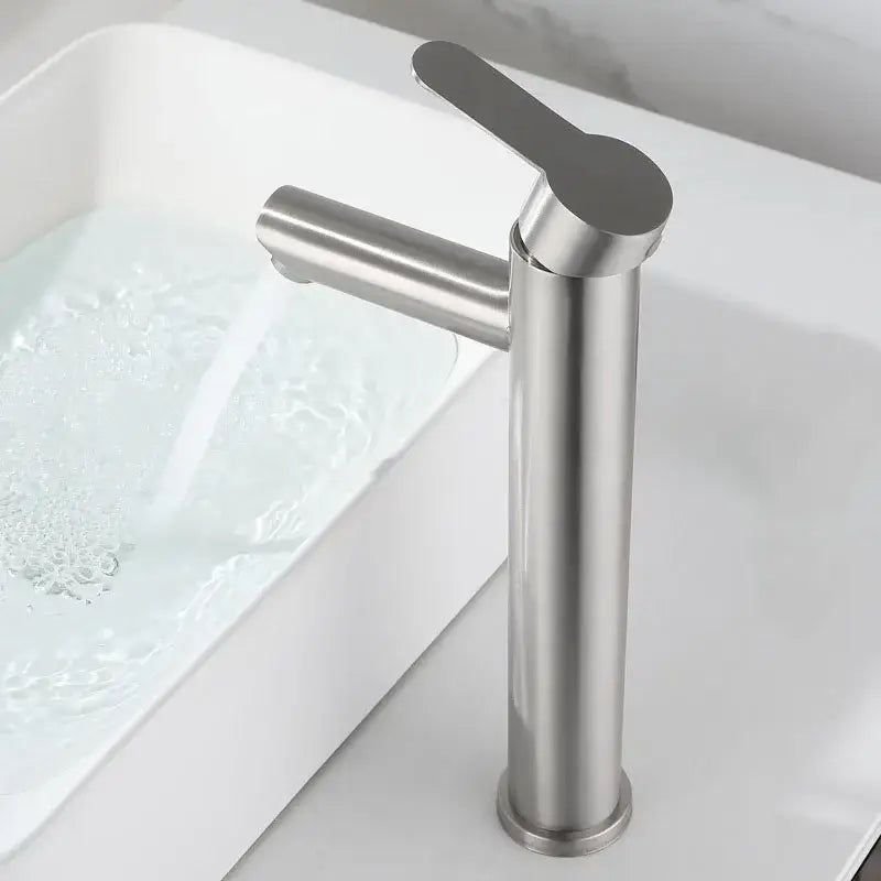Modern brushed stainless steel single-handle decorbites brushed tall basin faucet with sleek cylindrical design for tall basin sink