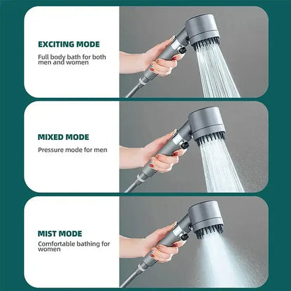 Modern matte black and chrome handheld shower head with gray finish and three modes high pressure for versatile shower experience
