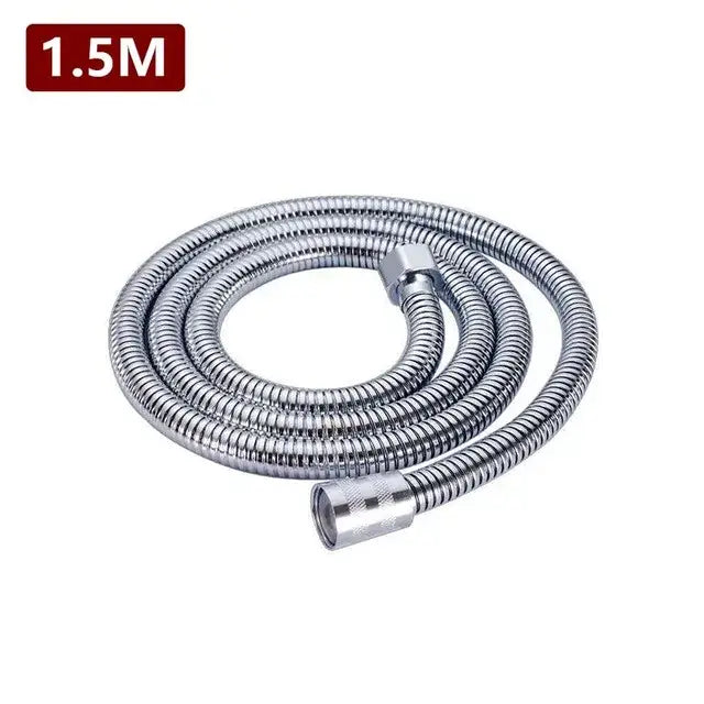 Silver flexible metal shower hose with coiled design and chrome connectors for modern matte black and chrome modes high pressure shower head