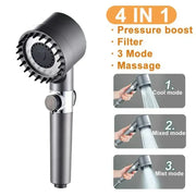 A modern matte black and chrome shower head with three modes high pressure for enhanced shower experience