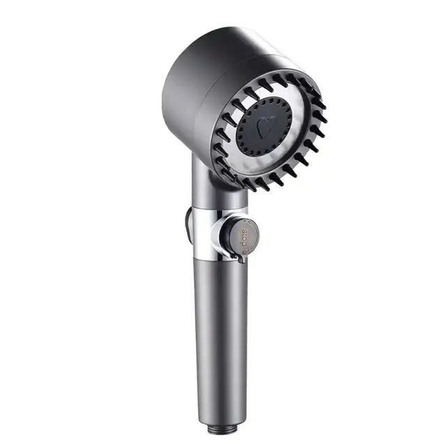 Modern matte gray handheld shower head with circular spray face, black nozzles, and central control knob for modes high pressure shower experience