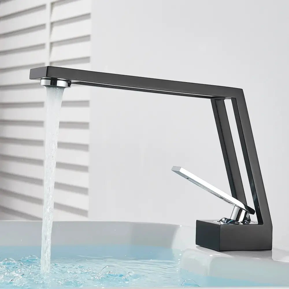 Modern matte black and chrome waterfall basin sink faucet with sleek angular design for decorbites brass basin use