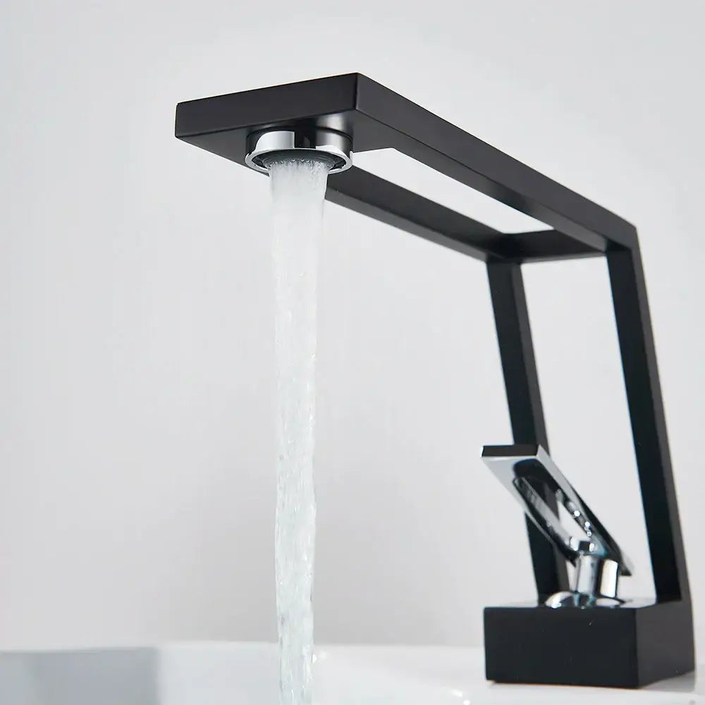Modern matte black and chrome waterfall basin sink faucet with sleek rectangular design for decorbites brass basin use