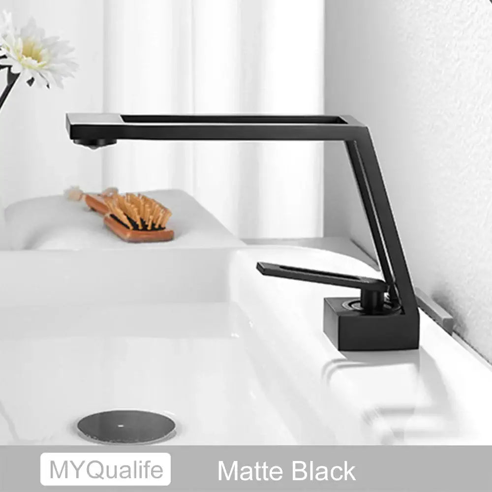 Modern matte black and chrome waterfall basin sink faucet with angular design and square base for brass basin sink decorbites