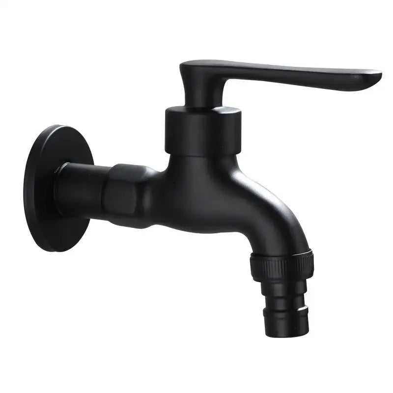 Modern matte black copper bathroom faucet wall mounted with a sleek design and threaded hose connector visible from the back side