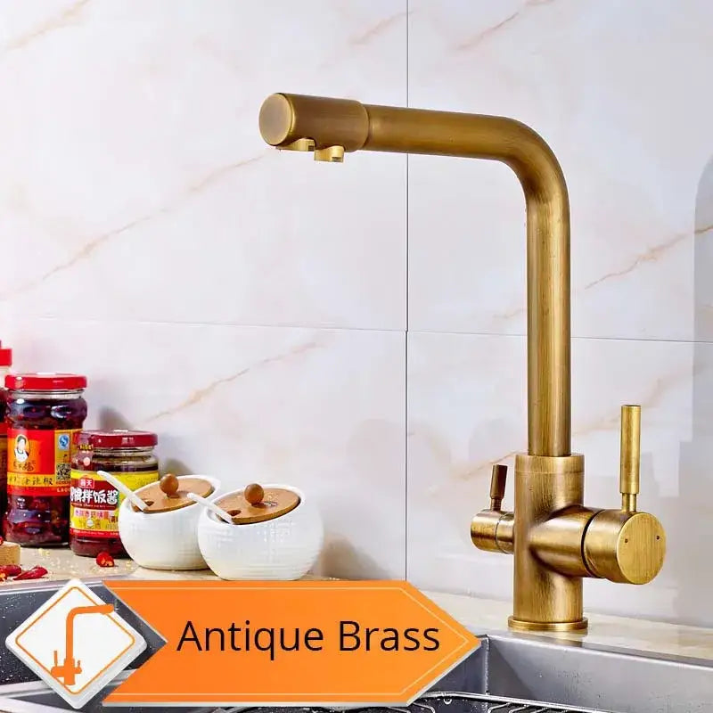 Antique brass kitchen faucet with tall curved spout and dual handles perfect for beige purity kitchen decorbites decor