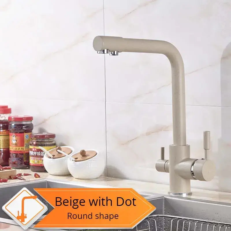 Beige purity kitchen faucet with a rounded modern design and dual handles for hot and cold water decorbites beige purity