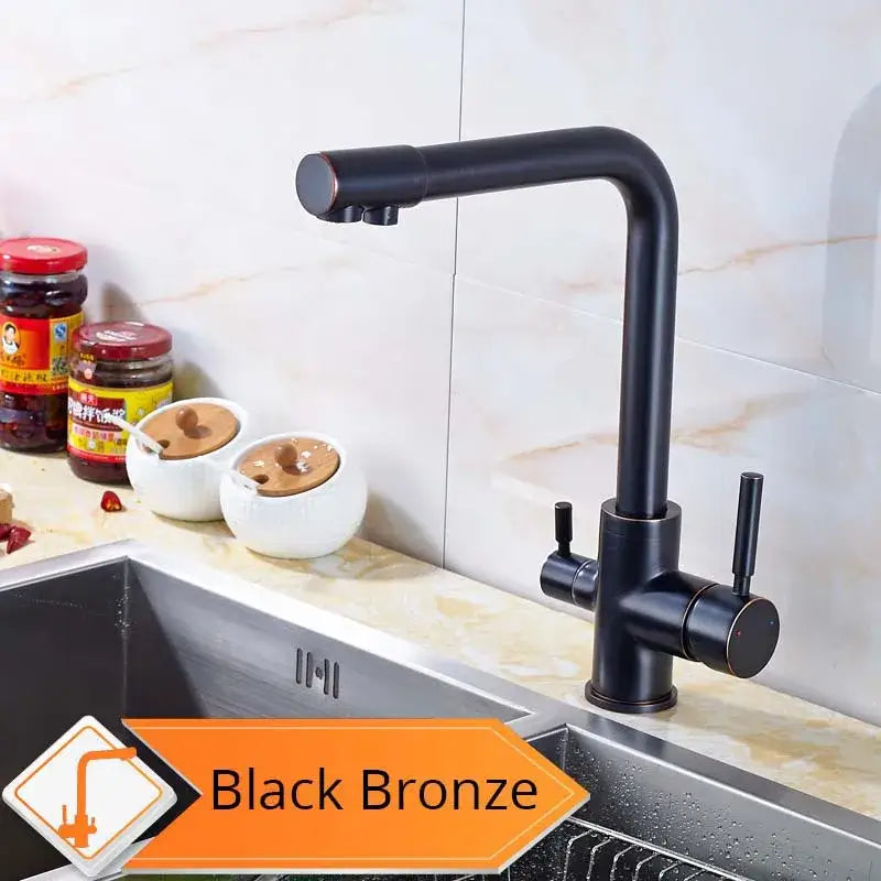 Modern matte black curved dual handle kitchen faucet in black bronze with sleek design for decorbites beige purity kitchen