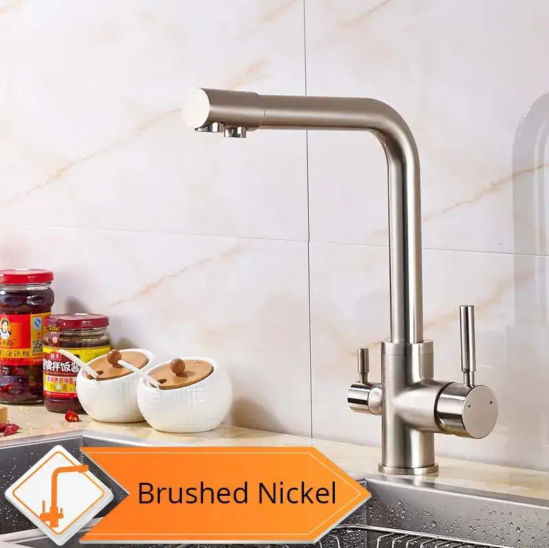 Brushed nickel kitchen faucet with tall curved spout and dual handles for decorbites beige purity kitchen use