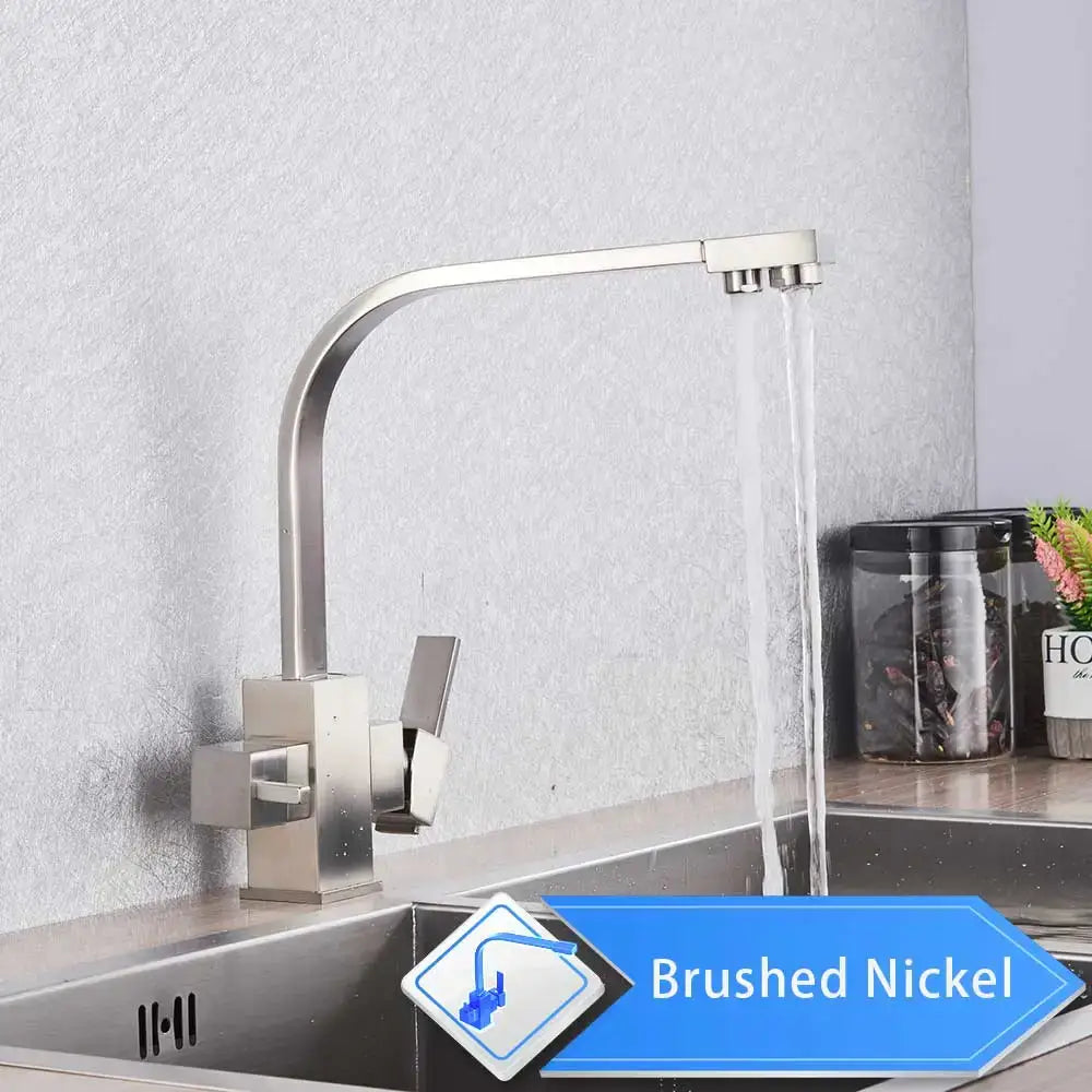 Modern matte black curved dual handle kitchen faucet with brushed nickel finish and sleek design for beige purity kitchen decorbites