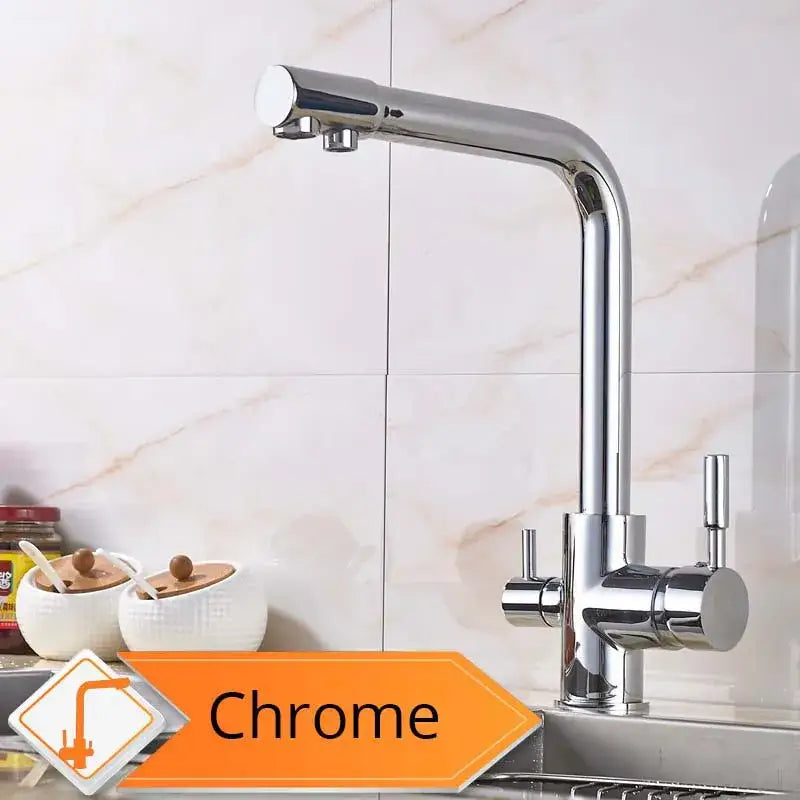 Chrome-finished kitchen faucet with sleek modern design and dual handles for hot and cold water control decorbites beige purity