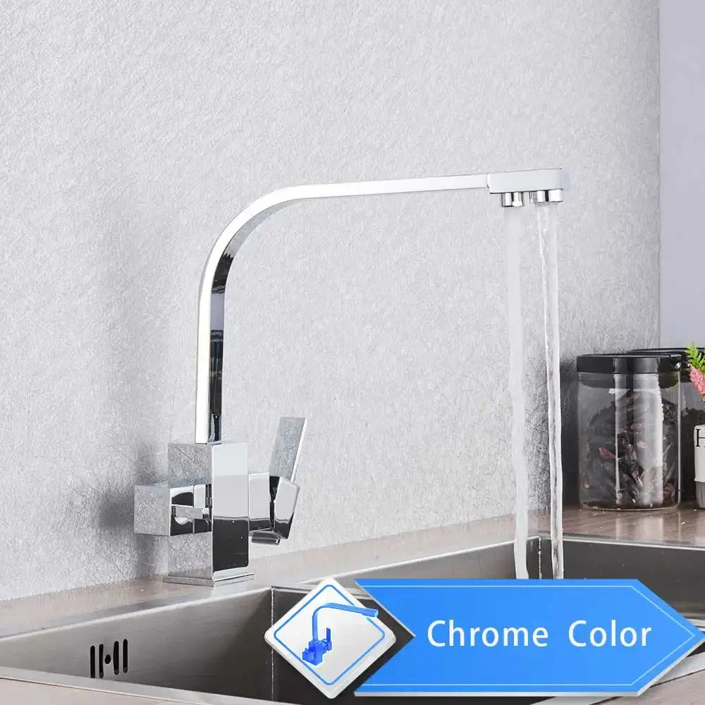 Modern chrome finished kitchen faucet with sleek curved spout and geometric handle for beige purity kitchen decorbites