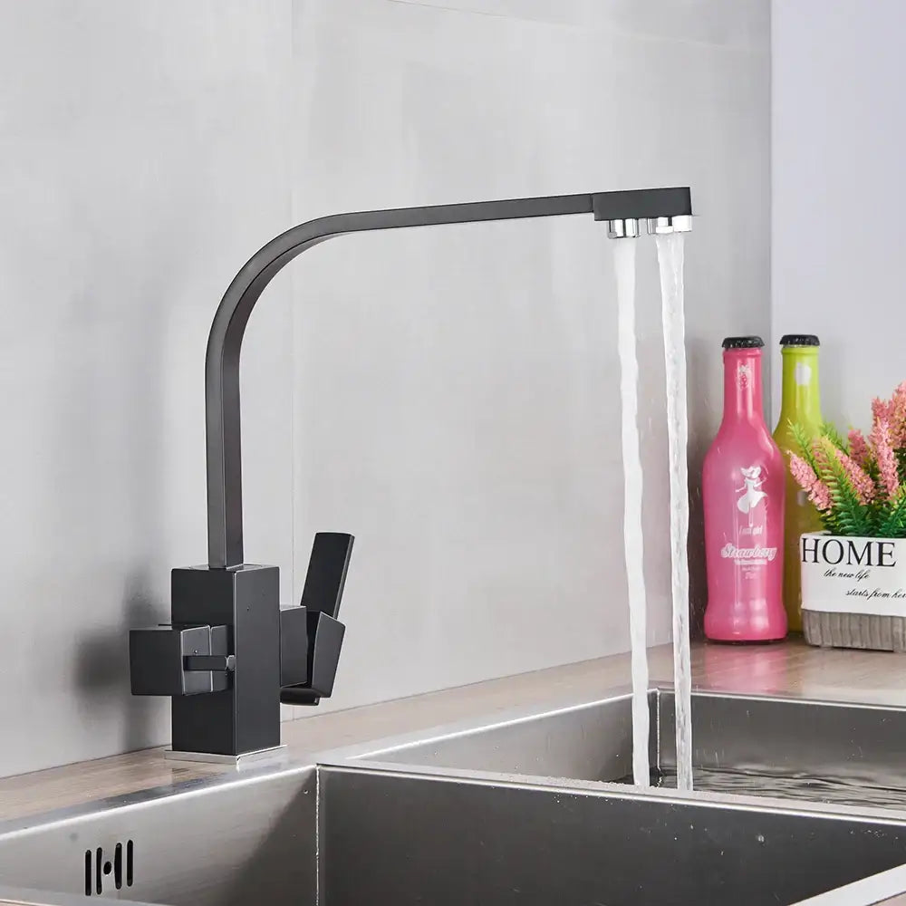 Modern matte black curved dual handle kitchen faucet with matte finish and dual-stream water flow for beige purity kitchen decorbites