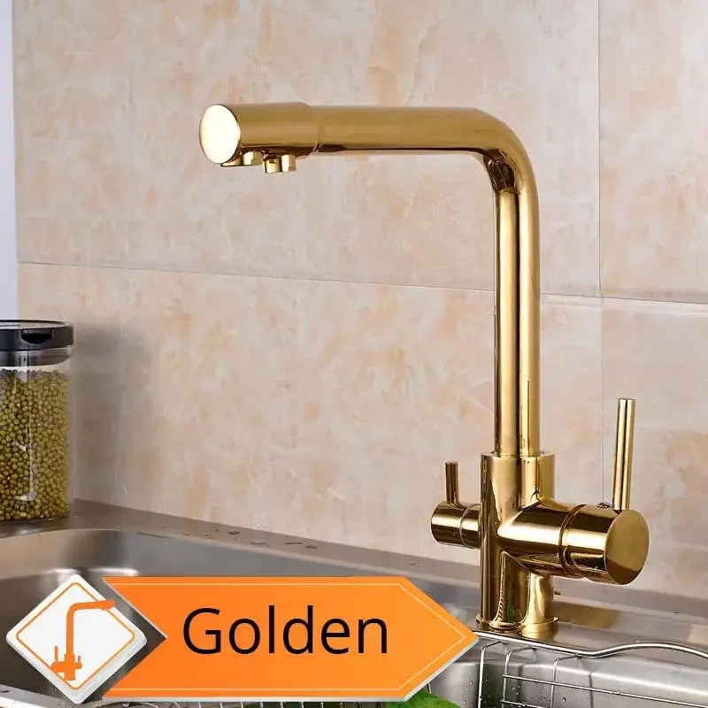 Modern matte black curved dual handle kitchen faucet with a golden sleek metallic finish for beige purity kitchen decorbites