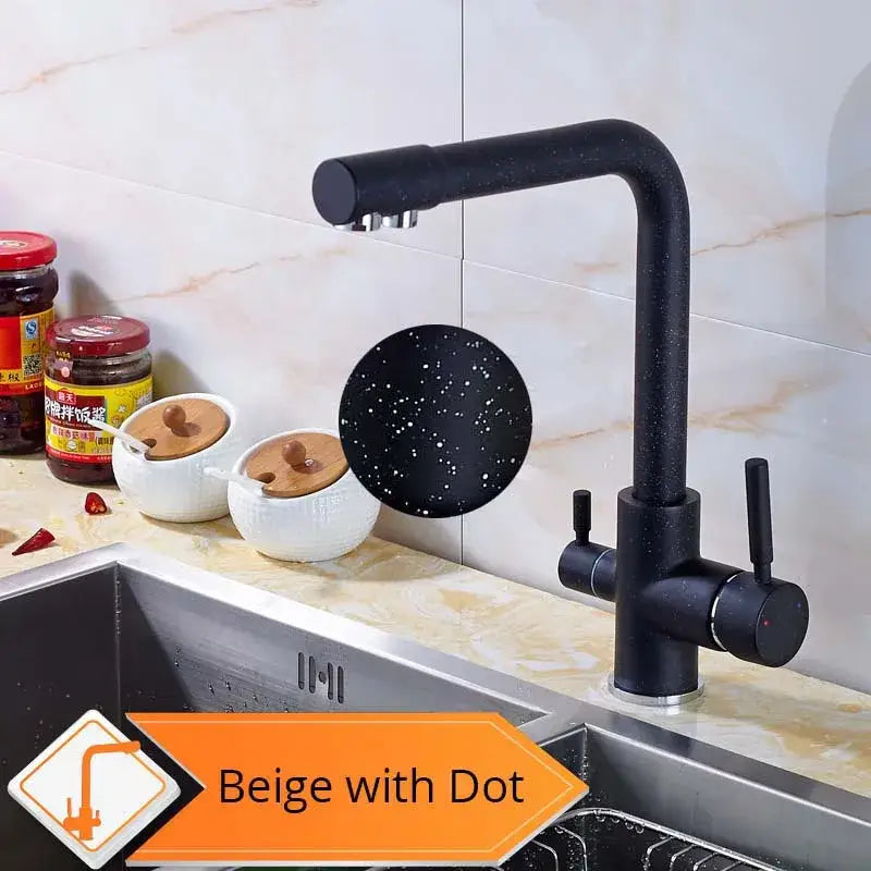 Modern matte black curved dual handle kitchen faucet with black speckled finish ideal for decorbites beige purity kitchen
