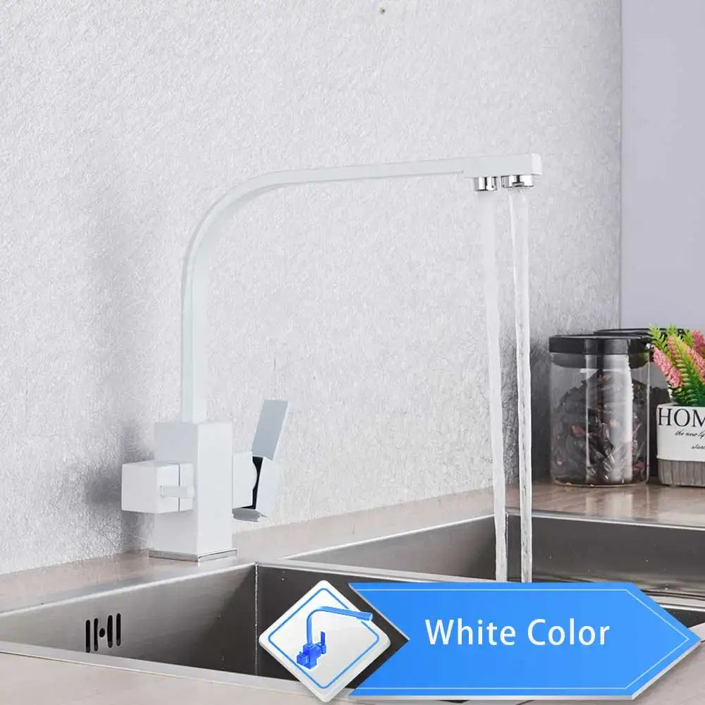 Modern matte black curved dual handle kitchen faucet with sleek white spout for decorbites beige purity kitchen use