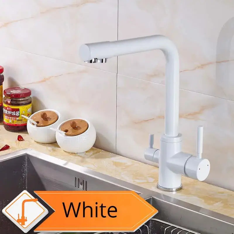 Modern matte black curved dual handle kitchen faucet with white sleek design and chrome accents for decorbites beige purity
