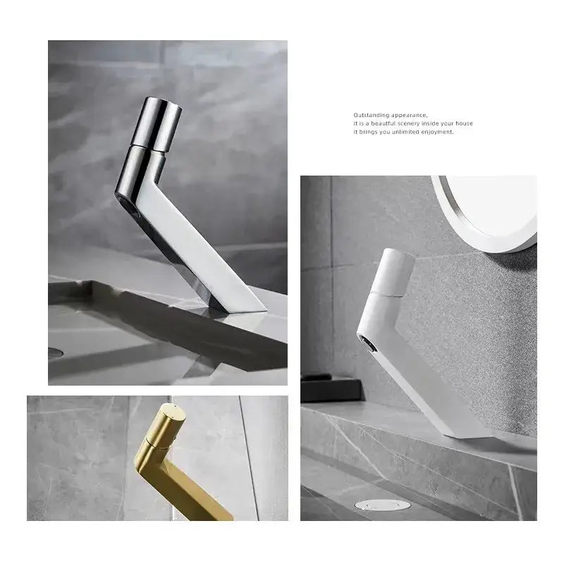 Modern matte black decorbites basin faucet with sleek angular design available in chrome and gold finishes for bathroom sink