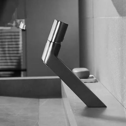 Modern brushed stainless steel decorbites basin faucet with sleek angular design for bathroom sink use