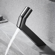 Modern matte black decorbites basin faucet with sleek angular single spout design for bathroom sink use