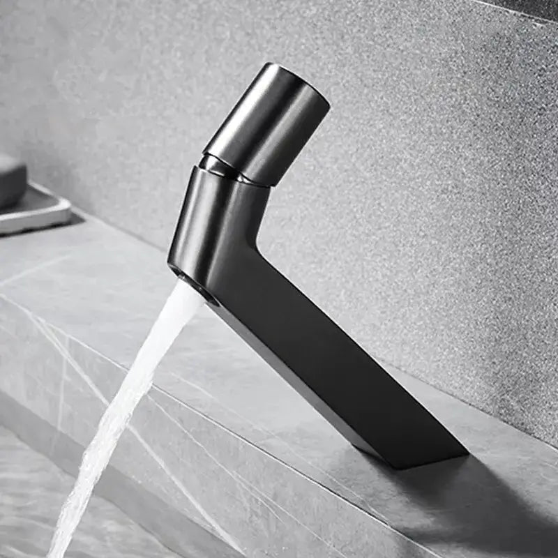 Modern matte black decorbites basin faucet with sleek angular single spout design for bathroom sink use