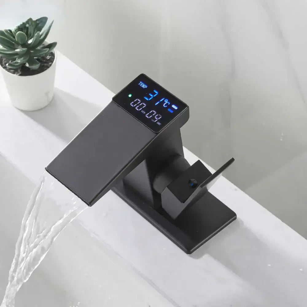 Modern matte black digital display basin faucet with sleek design and illuminated temperature monitor by decorbites digital display