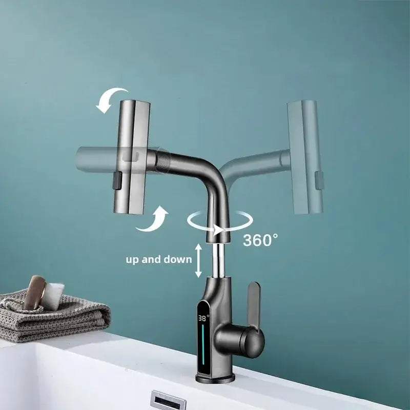 Modern matte black basin faucet with sleek angular design and decorbites digital display waterfall feature for bathroom use