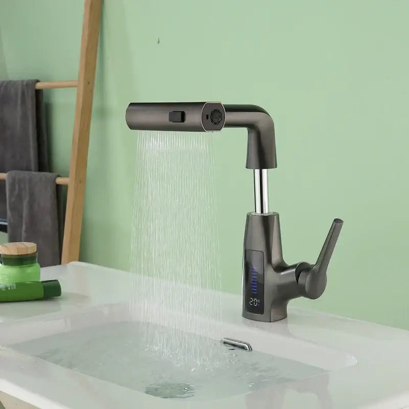 Modern matte black basin faucet with decorbites digital display and digital display waterfall feature for bathroom tap