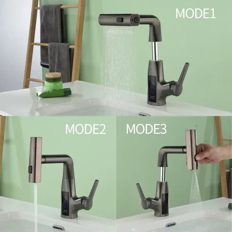 Modern matte black basin faucet with sleek minimalist design and decorbites digital display waterfall feature