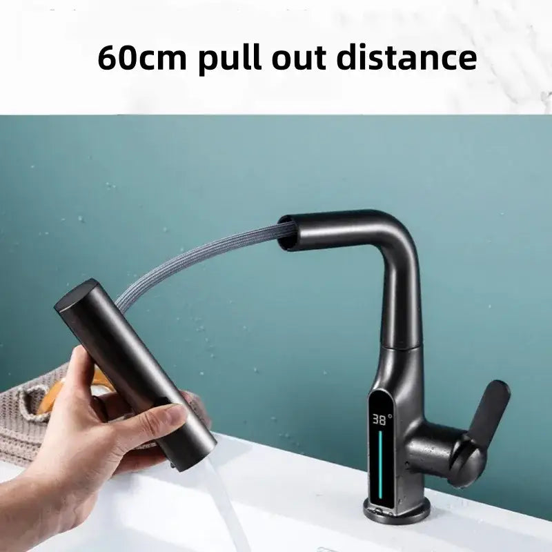 Modern matte black basin faucet with decorbites digital display and flexible hose featuring digital display waterfall design