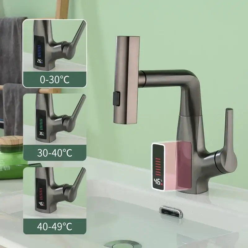 Modern matte black basin faucet with decorbites digital display and waterfall design showing temperature in celsius
