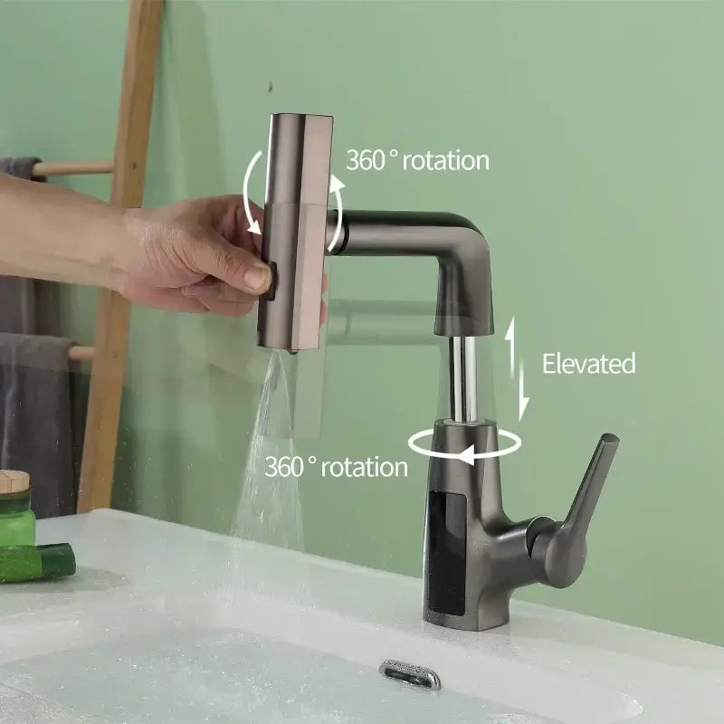 Modern matte black basin faucet with sleek angular design and 360-degree rotating spray head decorbites digital display waterfall tap