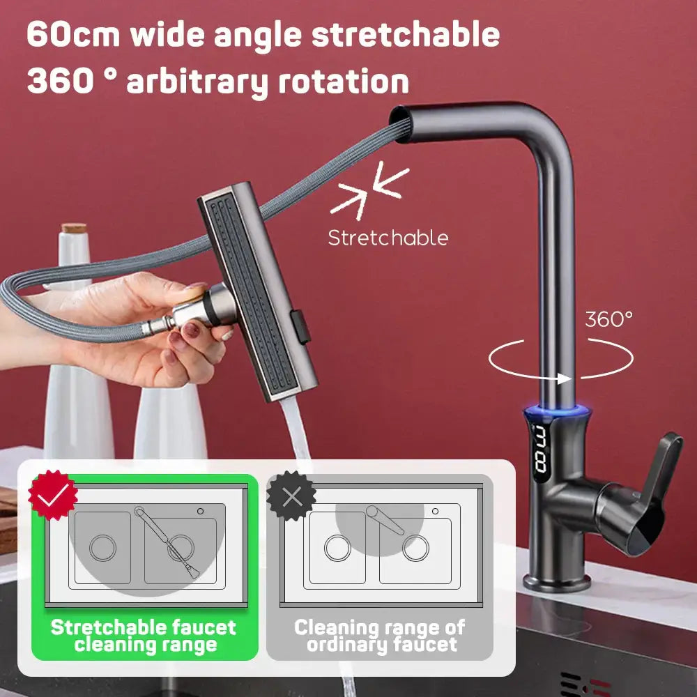 Modern matte black digital display waterfall kitchen sink faucet with flexible spray head and 360-degree rotation decorbites digital display