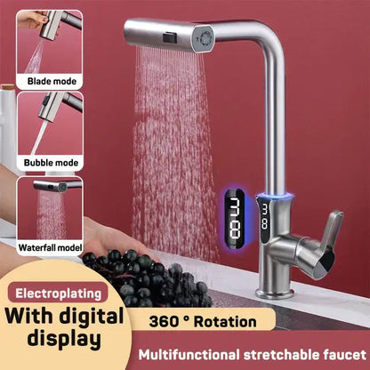 Modern matte black digital display waterfall kitchen sink faucet with silver electroplated stretchable 360° rotation decorbites digital display