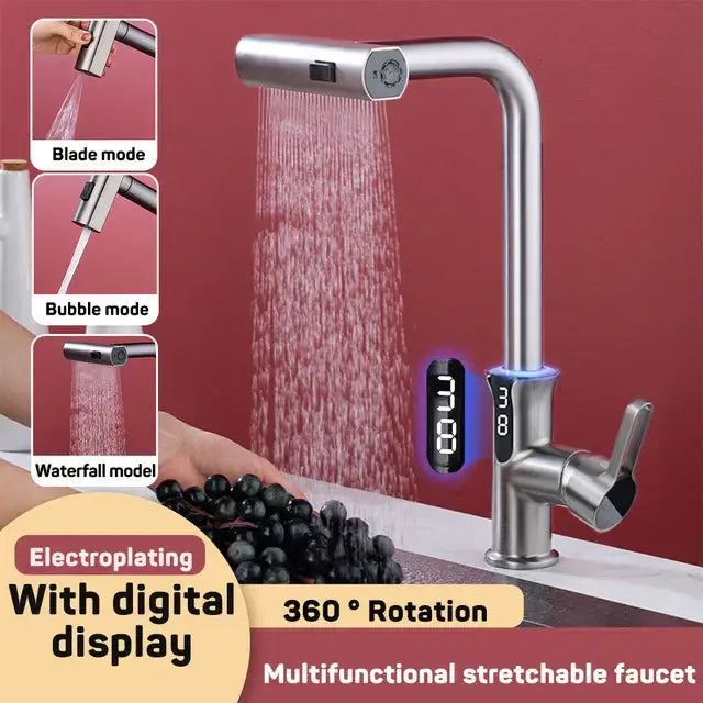Modern matte black digital display waterfall kitchen sink faucet with silver electroplated stretchable 360° rotation decorbites digital display